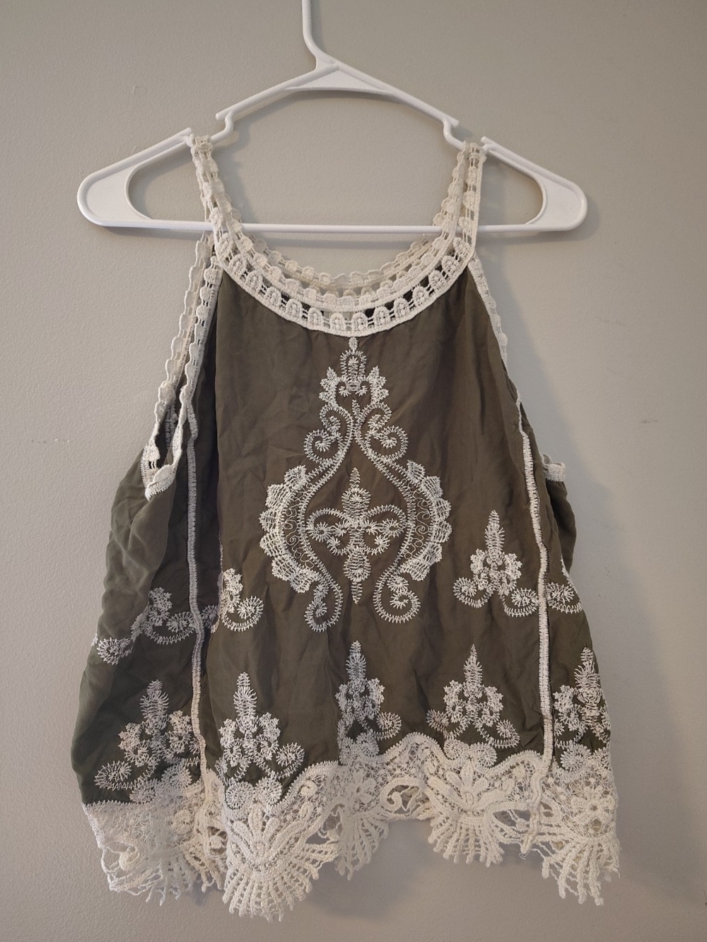 Ultra Pink Olive Green Camisole with Cream Lace Trim